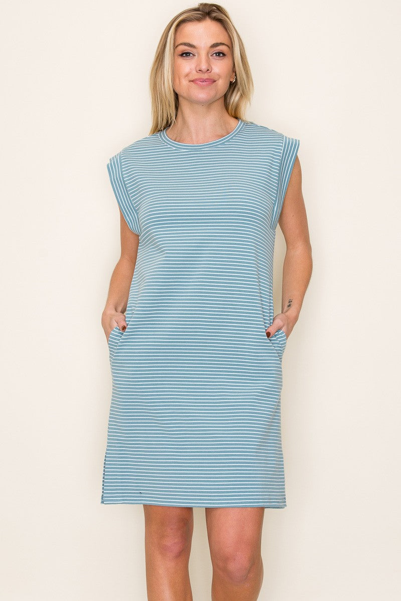 Aqua Scoop Neck Cap Sleeve Striped Mini Dress