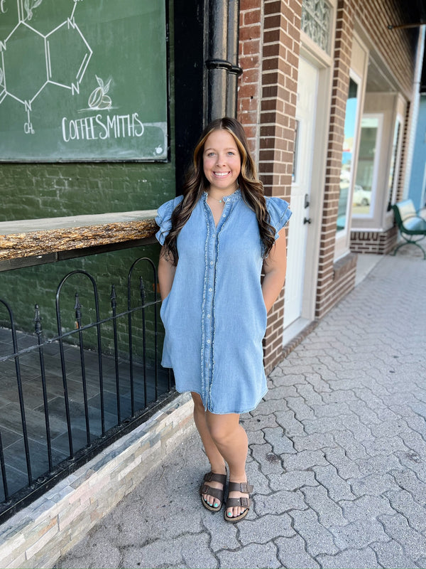 Button Down Ruffle Sleeve Denim Mini Dress