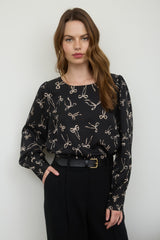 Black Bow Pattern Round Neck Long Sleeve Blouse