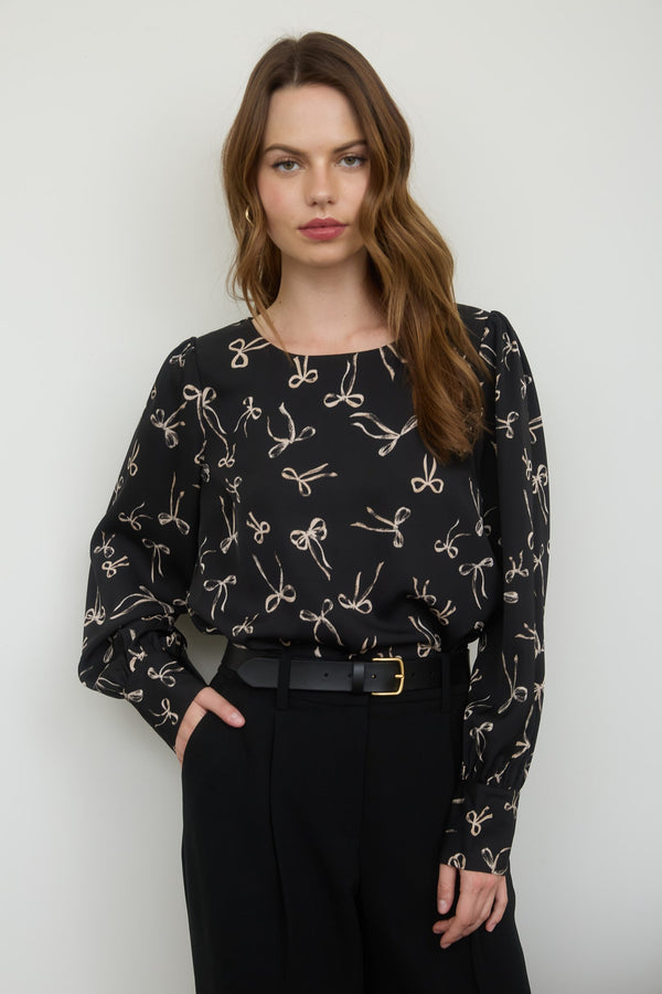 Black Bow Pattern Round Neck Long Sleeve Blouse