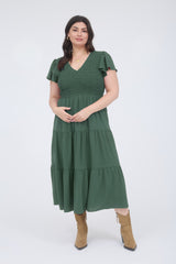 Curvy Tiered V- Neck Cap Sleeve Midi Dress