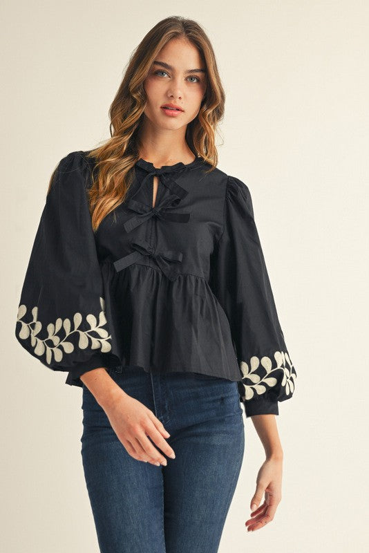 Front Bow Tie Embroidered Peplum Top