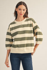 Olive V-Notched Bold Striped Top
