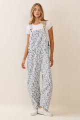 Curvy White and Blue Floral Print Cropped Overalls