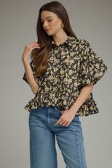 Black Floral Print Puff Sleeve Top