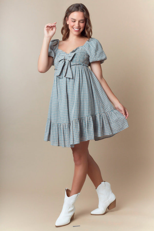 Dusty Teal Ribbon Front Smocked Plaid Midi Dress