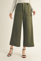 Olive Scalloped Edge Faux Suede Pants