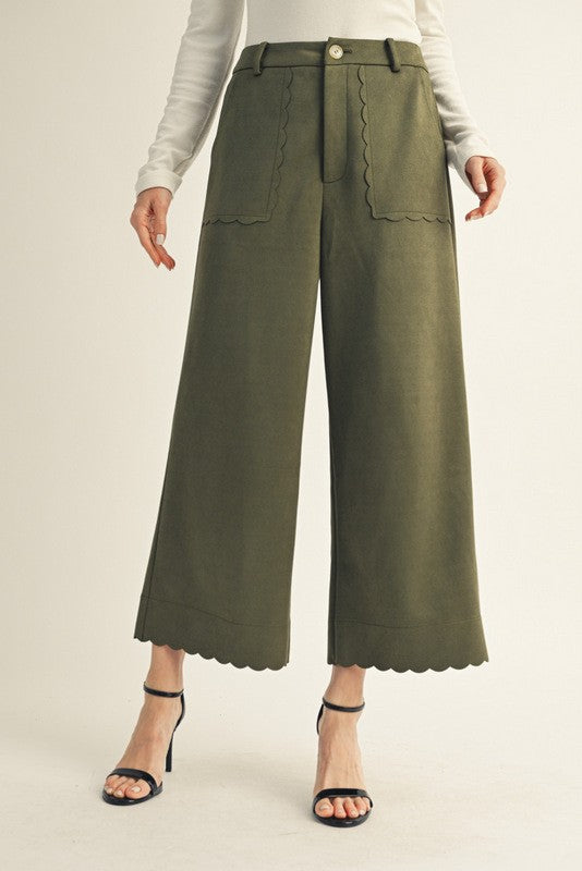 Olive Scalloped Edge Faux Suede Pants
