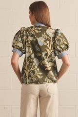 Olive Floral Contrast Button Front Puff Sleeve Top