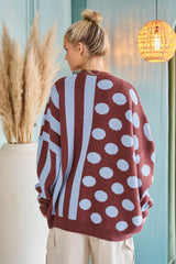 Curvy Brown and Blue Stripe Polka Dot Cardigan