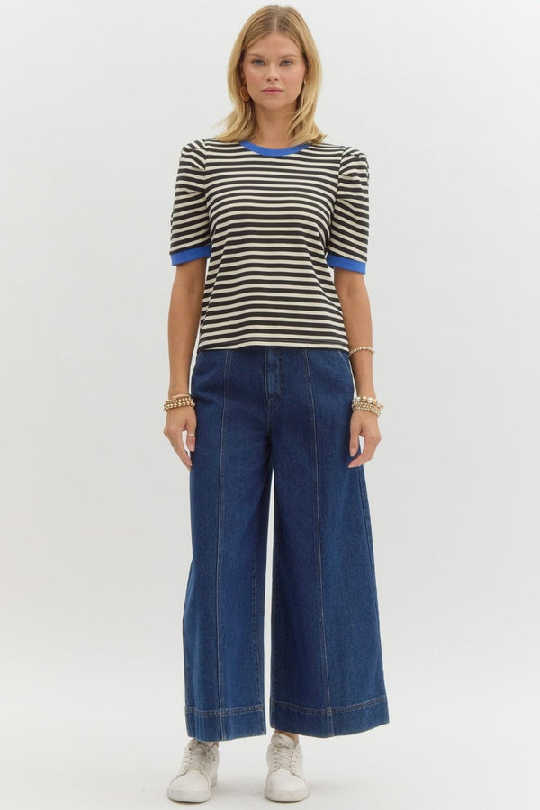 Black and White Striped Puff Sleeve Top with Blue Accents