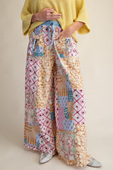Patchwork Wide Leg Ruffle Hem Pants