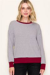 Black and White Striped Top With Burgundy Trim