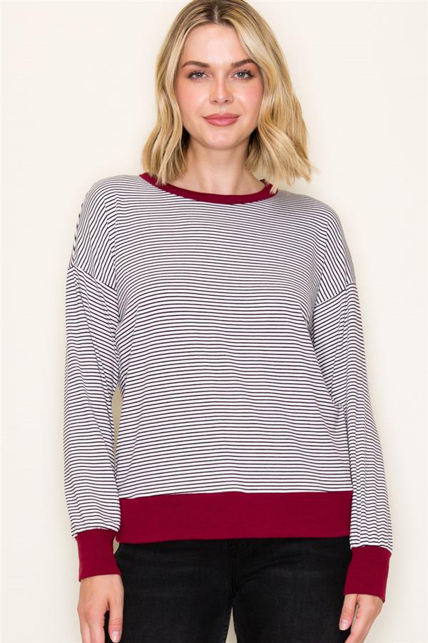 Black and White Striped Top With Burgundy Trim