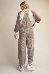 Mocha Leopard Print Washed Twill Overalls
