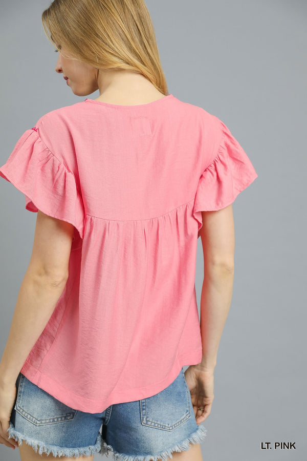 Pink V-Neck Multi Color Embroidery Ruffle Sleeve