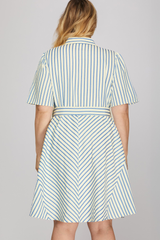 Curvy Short Sleeve Blue Striped Dress