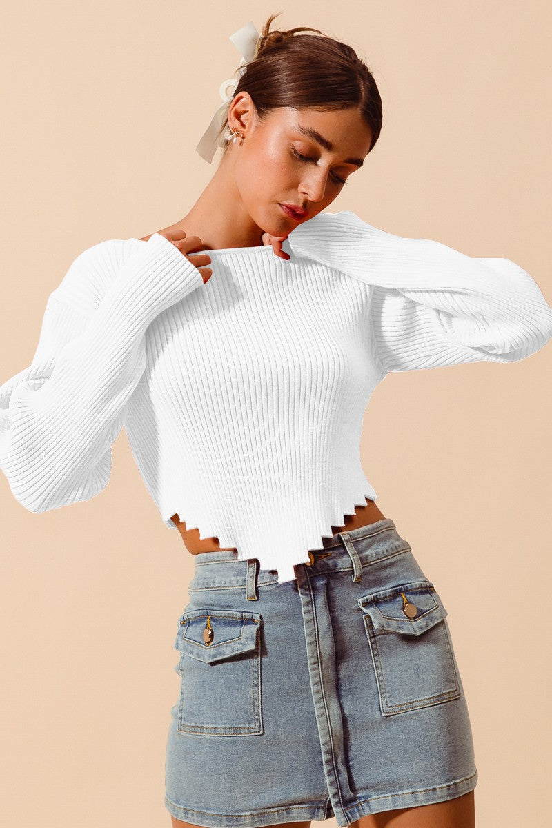 Ivory Ribbed Crop Top With Shaped Hem