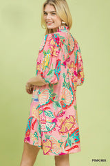 Pink Mix Paisley Print V Neck Dress