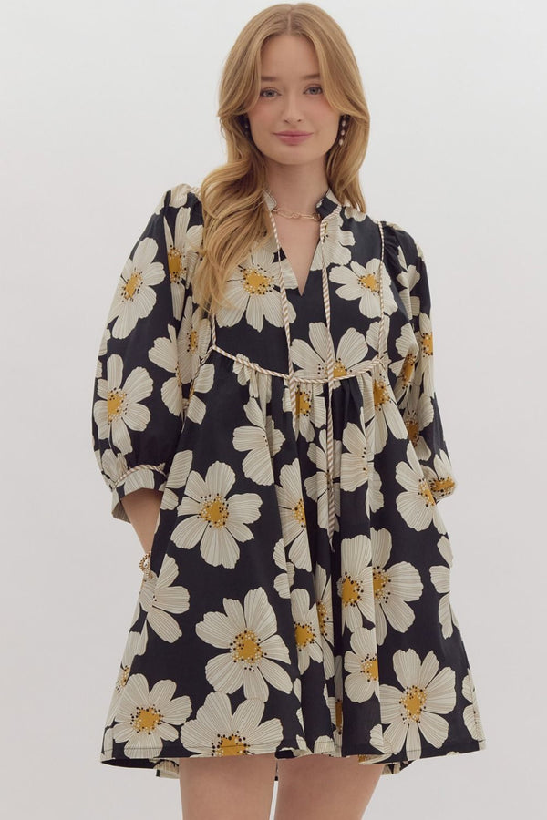 Black Daisy with Striped Details Front Tie Dress