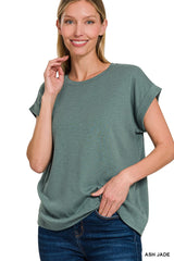 Relaxed Fit Round Neck Rolled Sleeve Top