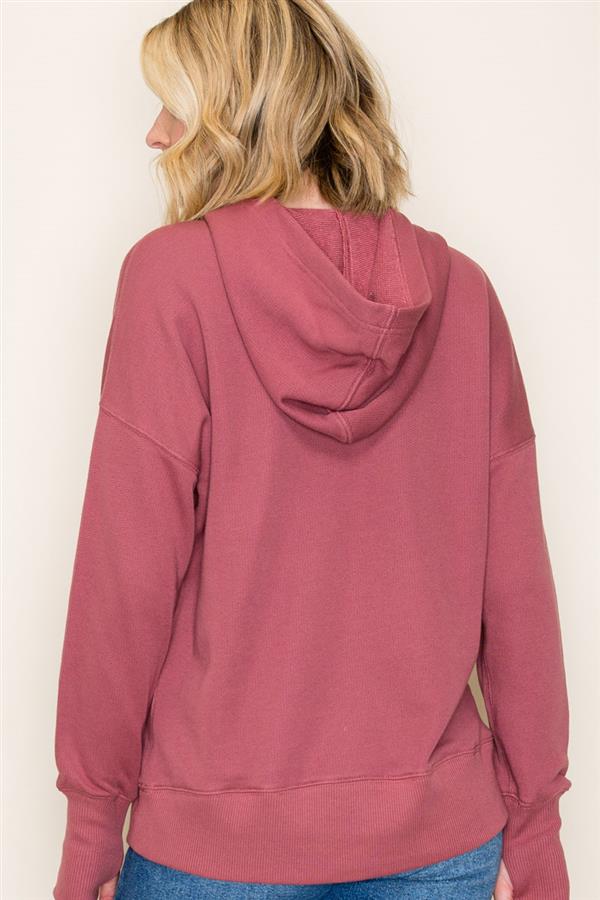 Marsala Half Snap Button Long Sleeve Kangaroo Pocket
