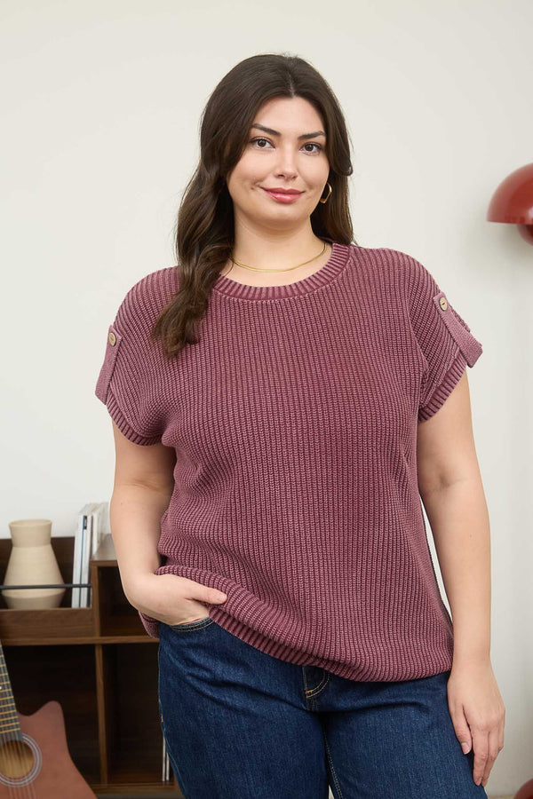 Curvy Washed Knit Short Sleeve Pullover Sweater