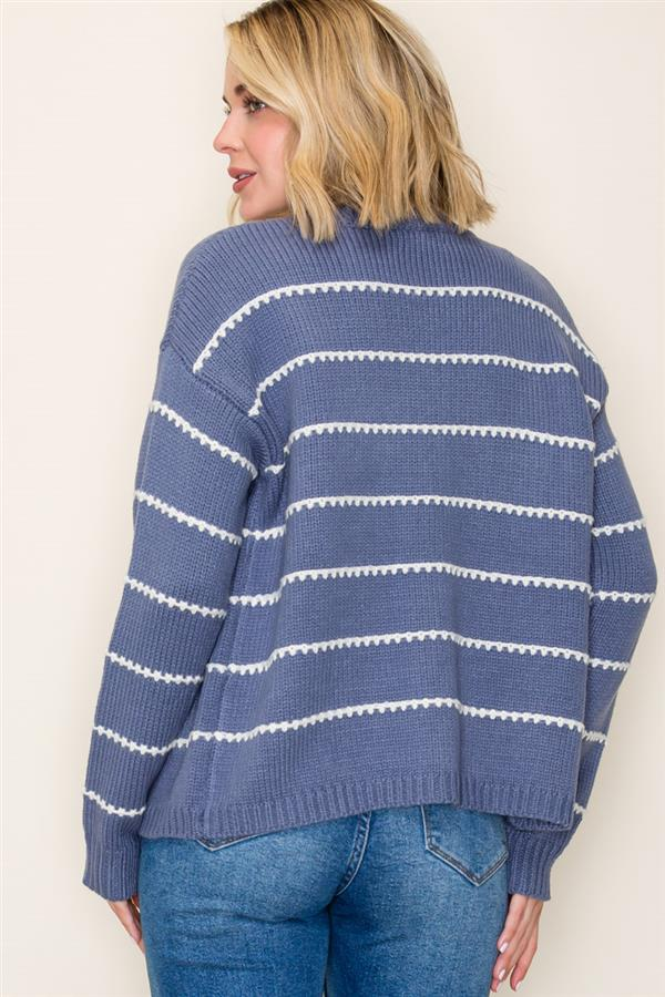 High Neck Double Pocket Texture Stripe Cardigan