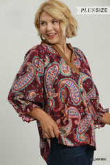 Curvy Plum Paisley Print Contrast Collar Top