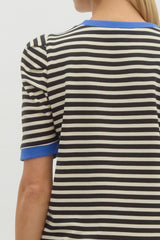 Black and White Striped Puff Sleeve Top with Blue Accents