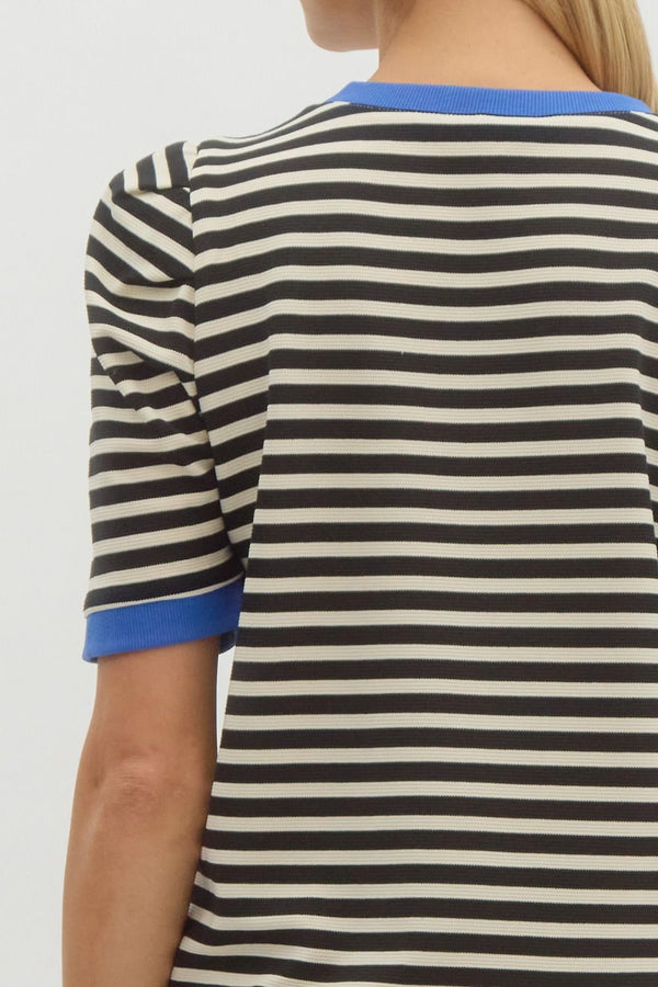 Black and White Striped Puff Sleeve Top with Blue Accents