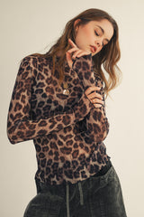 Leopard Mesh Mock Neck Layering Top