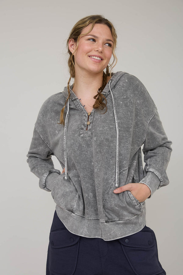 Washed Button down Knit Hoodie with Pockets