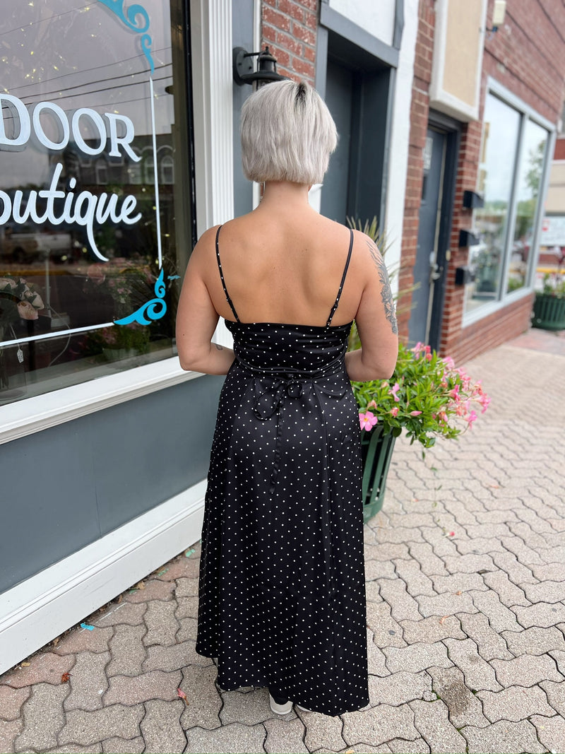 Black Polkadot Satin Cami Midi Dress