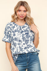 Curvy White and Blue Floral Printed Top with Puff Sleeves