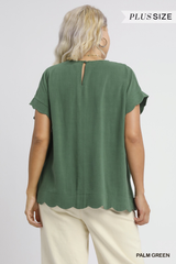 Curvy Palm Green Scallop Hem Linen Top