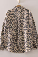 Leopard Contrast Arm Button Front Top