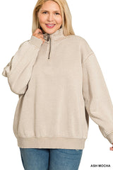 Curvy Acid Washed Fleece Half Zip Pullover