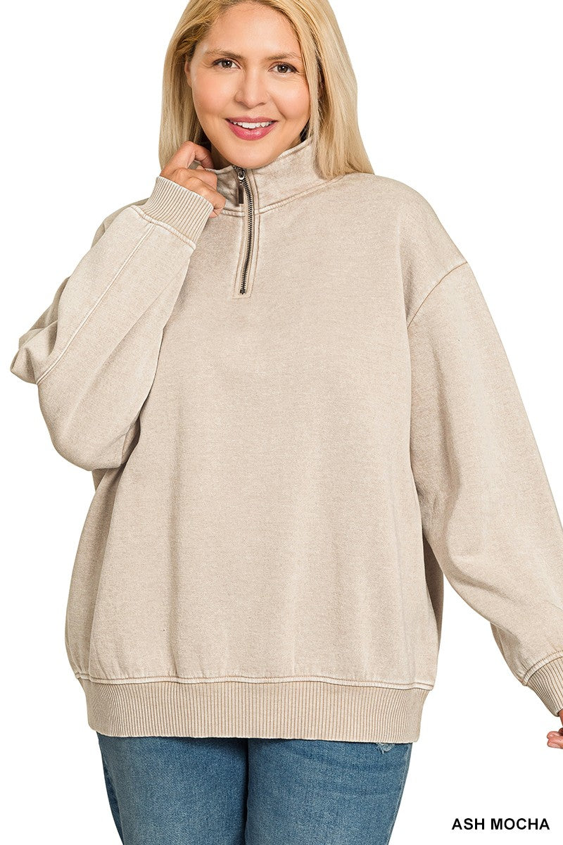 Curvy Acid Washed Fleece Half Zip Pullover