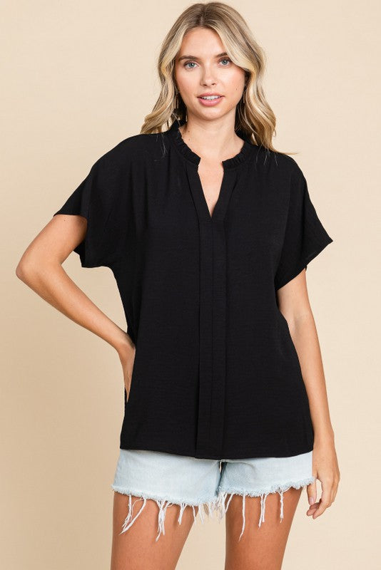 Ruffle Neck Short Sleeve Top