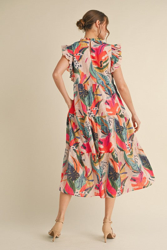 Multi Color Foliage Design Ruffle Sleeve Midi Dress