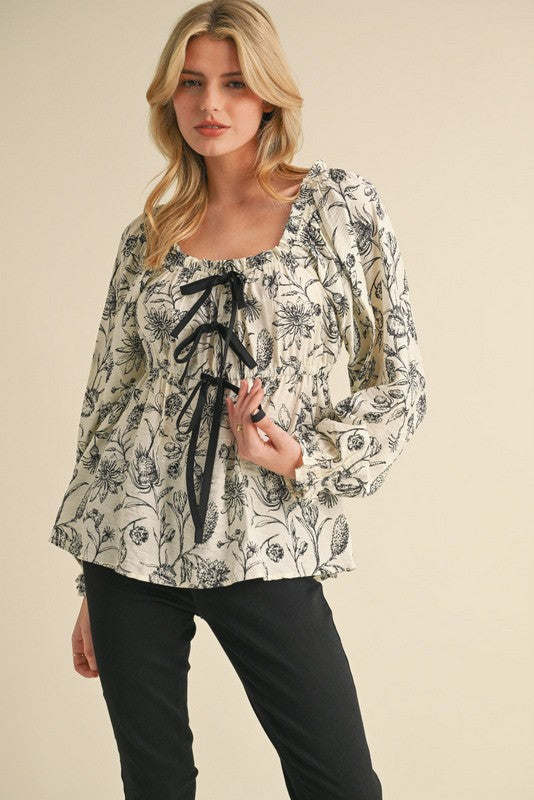 White with Black Floral Print with 3D Bows Top