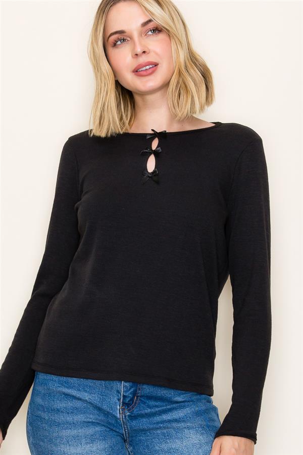 Black Bow Henley Long Sleeve Top