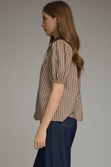 Brown Gingham Short Puff Sleeve Top