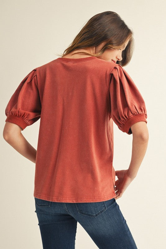 Rust V Neck Poof Sleeve Shirt