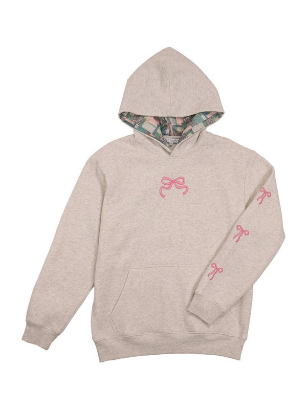 Youth Light Gray Hoodie With Pink Bows And Patchwork Hood
