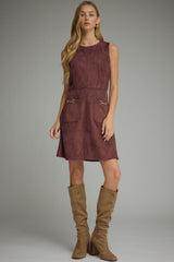 Merlot Faux Suede Gold Buckle Pocket Dress