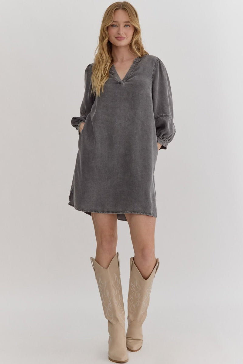 Denim Charcoal 3/4 Balloon Sleeve Dress