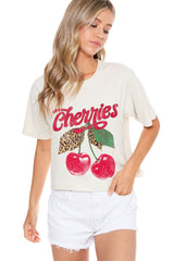 Cream Crop Tee W/ Leopard Cherries Graphic