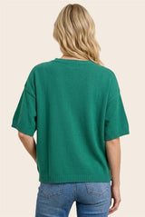 Green Raw Edge Crew Neck Half Sleeve Sweater